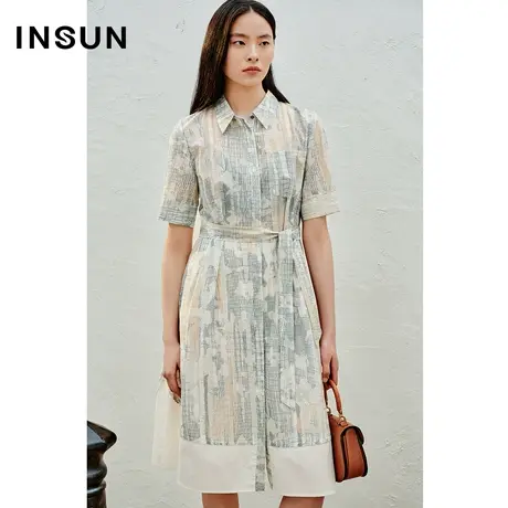 INSUN恩裳夏季复古印花撞色拼接连衣裙薄款图片