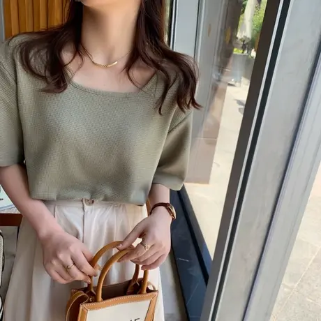 华夫格方领短袖T恤女早春夏装2025年新款宽松百搭打底衫半袖上衣商品大图
