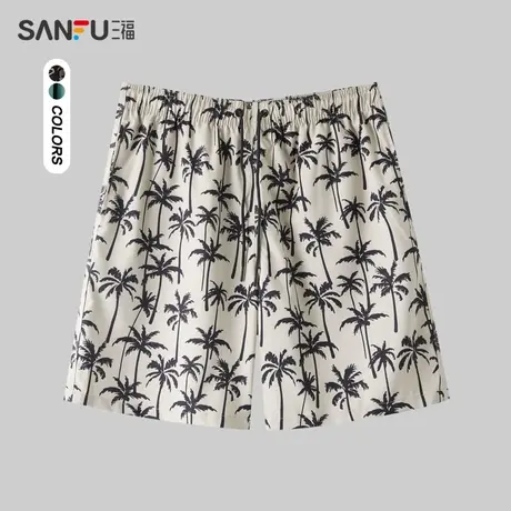 三福2024夏季男士椰树图案短裤 休闲宽松橡筋腰裤子男482859商品大图