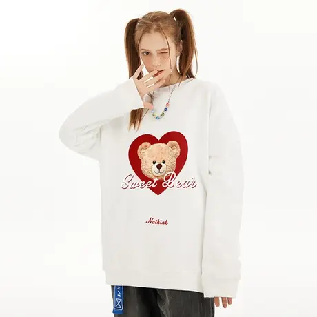 欧美潮流爱心小熊圆领卫衣男潮中性风潮牌宽松加绒加厚情侣上衣商品大图