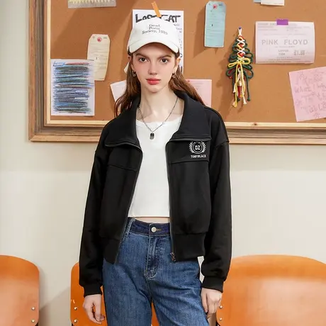 a02春季新款2024美式个性高立领设计撞色绣花百搭纯色女式外套商品大图