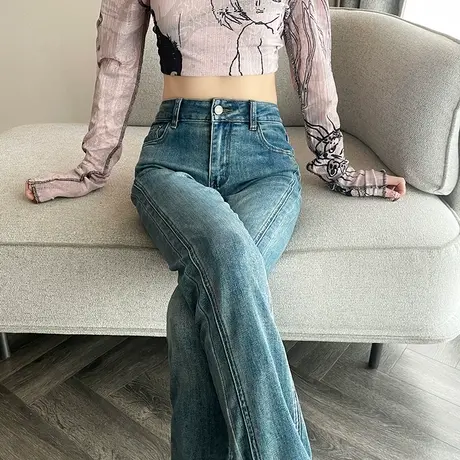 开叉窄版牛仔直筒裤女2024春秋新款高腰显瘦百搭微喇阔腿拖地长裤商品大图
