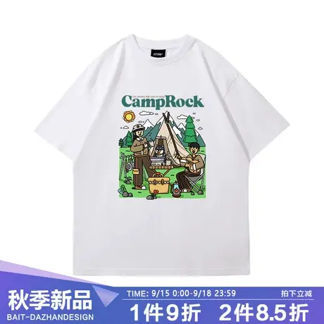 美式原创露营风情侣短袖t恤衫夏天落肩大码白色青少年半袖tee男生商品大图
