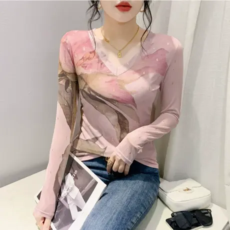 设计感烫金镂空V领T恤女长袖性感网纱扎染印花上衣洋气修身打底衫图片