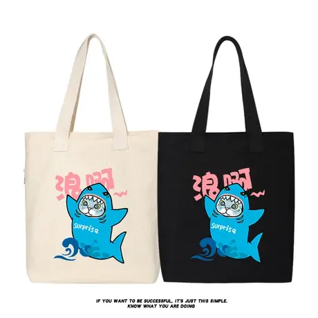 秀洛浪啊卡通鲨鱼猫咪帆布包单肩斜挎手提包购物袋托特包女大容量商品大图