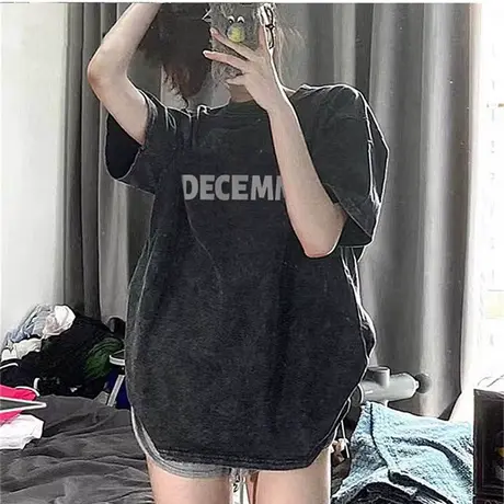 美式复古水洗纯棉短袖T恤女夏装宽松百搭做旧设计感小众上衣半袖商品大图