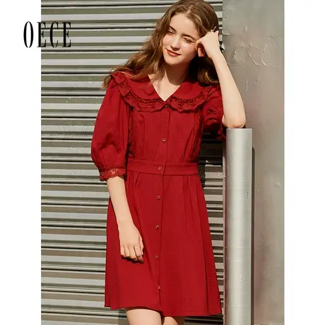 Oece夏装新款女装 复古红法式蕾丝花边娃娃领灯笼袖连衣裙图片