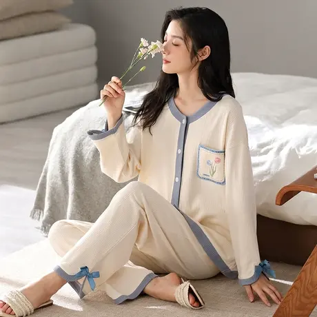 婷美纯棉睡衣女士春秋季长袖简约开衫全棉秋冬天高档家居服两件套商品大图