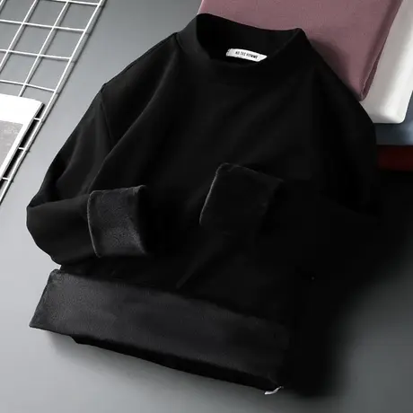 长袖t恤男半高领秋冬季保暖加绒加厚中领打底衫内搭纯色黑色秋衣商品大图