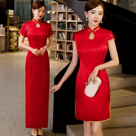 礼仪服装女迎宾小姐旗袍颁奖大红红色接待外嫁女回娘家旗袍红装图片