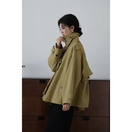 嘉茱莉2023秋季新款小个子天丝风衣外套女短款宽松风衣方领上衣商品大图