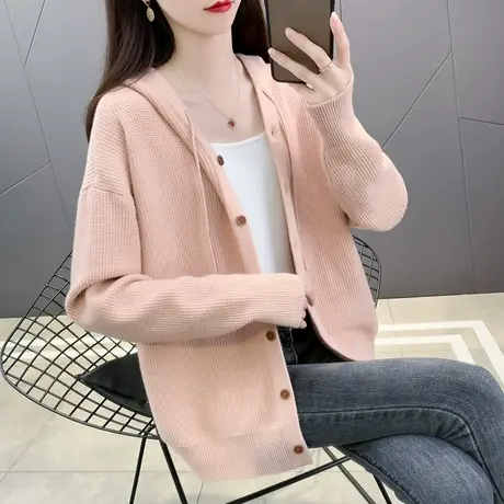 连帽纯色单排扣针织衫2023秋冬新款韩版女装宽松毛衣外套长袖开衫商品大图