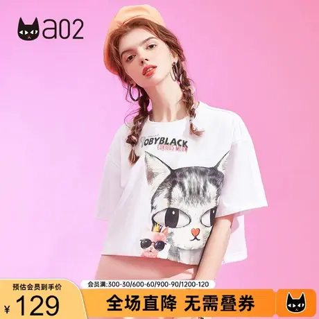 a02夏季短款猫咪印花甜美圆领T恤女时尚宽松潮流设计感短袖上衣女商品大图