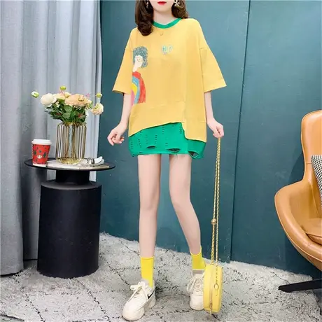 假两件破洞短袖T恤女2022年夏季新款韩版宽松洋气网红设计感上衣图片