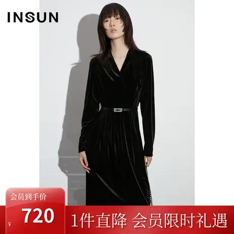 [质感丝绒]恩裳COVER2023年早春新款v领摩登不规则褶皱设计连衣裙图片