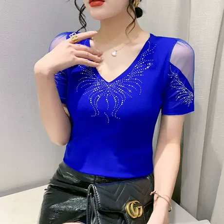 性感网纱短袖女装夏时尚镂空V领T恤重工烫钻洋气上衣紧身百搭小衫商品大图