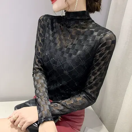 欧货性感镂空蕾丝衫女长袖名媛气质烫钻上衣内搭半高领打底衫春装商品大图