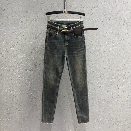 2023秋季新款复古水洗弹力牛仔裤女洋气百搭紧身裤高腰九分铅笔裤商品大图