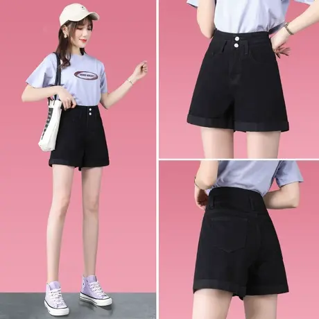 黑色高腰牛仔短裤女春秋季款2023新款a字宽松小个子女士阔腿热裤图片