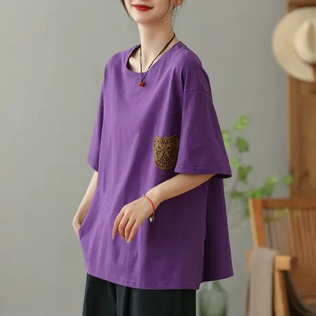 dza复古钩花短袖T恤女2023夏季薄款纯棉打底体恤宽松显瘦套头上衣商品大图