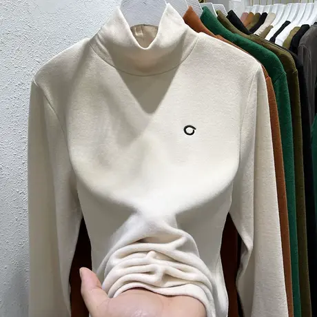 双面磨毛德绒高领内搭打底衫女秋冬新款百搭纯色加厚上衣长袖T恤商品大图