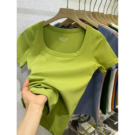 2023夏季新款方领露锁骨短袖T恤女修身百搭纯色糖果色显瘦上衣商品大图