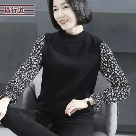 2023新款冬装半高领拼接碎花雪纺宽松长袖T恤女装韩版大码妈妈装图片