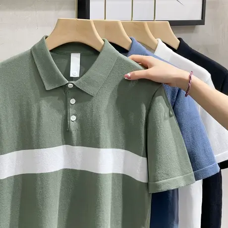 冰丝提花薄条纹针织衫体恤商务休闲POLO衫修身翻领短袖t恤男夏季商品大图