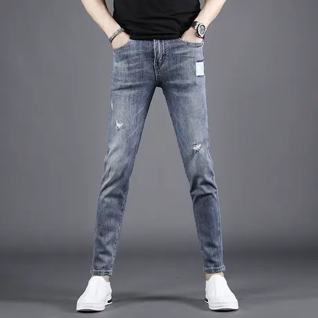 破洞九分牛仔裤男夏季薄款2022年新款蓝色修身小脚高街休闲裤子男商品大图