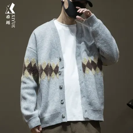 希越日系拼色菱格开衫毛衣外套男625g重磅8针大码秋冬新款针织衫商品大图