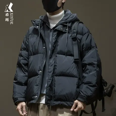 希越新国标假两件羽绒服男秋季宽松大码ins白鸭绒拉链口袋外套潮商品大图