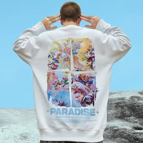 欧美潮牌无帽卫衣男潮ins加绒加厚宽松潮流圆领加肥加大码秋冬款商品大图