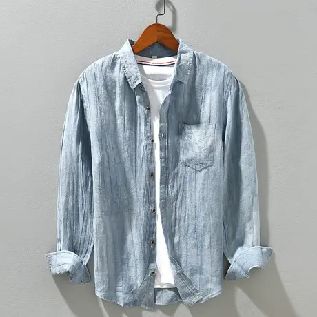 亚麻衬衫男春秋季休闲男士棉麻中式长袖复古衬衣宽松中青年外套潮商品大图