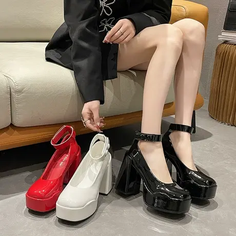 永希方头浅口小皮鞋女2022年秋冬新款粗跟高跟鞋英伦风玛丽珍鞋女商品大图