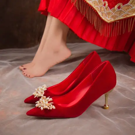 主婚纱婚鞋女秀禾婚纱2023新娘鞋不累脚高跟鞋中式礼服婚礼鞋细跟商品大图