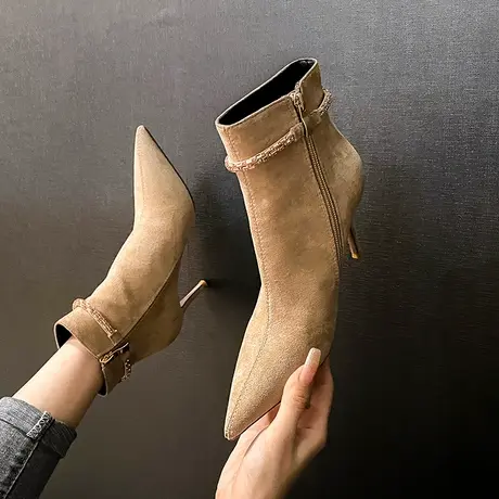 尖头短靴女细跟2023冬季新款高跟百搭小个子瘦瘦靴性感绒面马丁靴商品大图