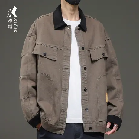 希越春季工装拼接灯芯绒牛仔夹克男2024新款美式宽松大码男士外套商品大图