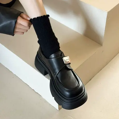 魔术贴乐福鞋女2024年春秋季新款复古厚底防滑单鞋百搭粗跟小皮鞋图片