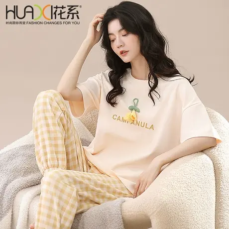 花系纯棉睡衣女薄款休闲家居服套装可外穿夏季新款大码短袖长裤商品大图