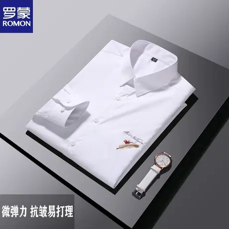 罗蒙商务休闲衬衫男士长袖韩版时尚青年免烫衬衣羽毛刺绣白色寸衫图片