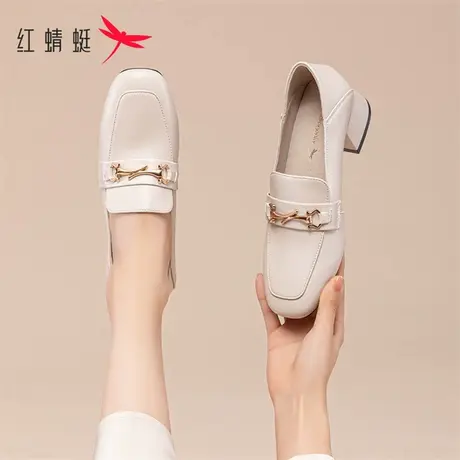 红蜻蜓女鞋2023秋冬新款乐福鞋女粗跟方头通勤百搭休闲一脚蹬皮鞋商品大图