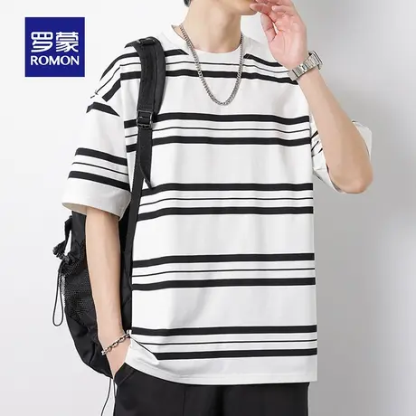 罗蒙男士条纹短袖T恤夏季薄款宽松圆领休闲半袖男装上衣服冰丝体t图片