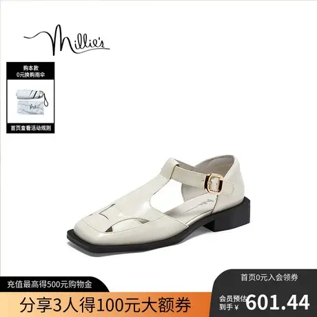 妙丽夏季新品镂空真皮编织粗跟罗马猪笼女凉鞋牛皮复古Z1511BK3图片