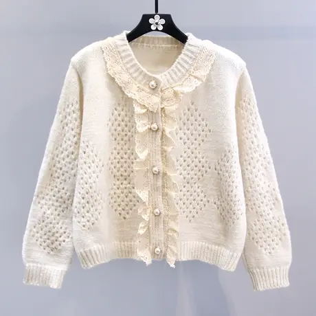 温柔风蕾丝边镂空钩花毛衣外套女秋冬2023新款宽松高级感针织开衫商品大图