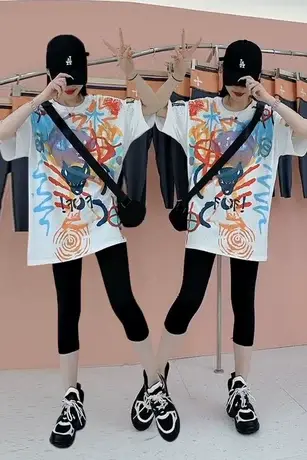 中长款短袖T恤芭比裤两件套2023夏季新款宽松慵懒风涂鸦上衣潮款商品大图