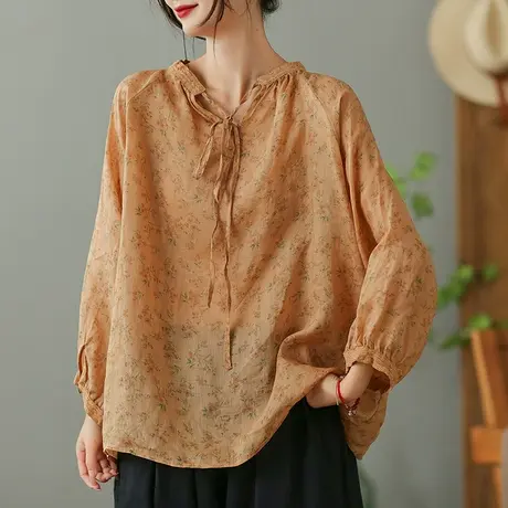 dza复古碎花苎麻衬衫女2023夏季薄款V领衬衣宽松显瘦棉麻套头上衣图片