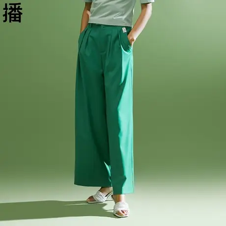 播休闲裤女2023秋季新款专柜代购正品对称褶裥光波绿阔腿长裤女裤商品大图