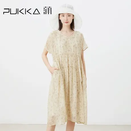 蒲PUKKA 原创设计2023夏季新品日系宽松碎褶印花连衣裙图片