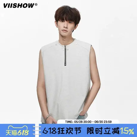 VIISHOW半拉链铆钉无袖T恤男夏季吸湿排汗背心痞帅宽松运动坎肩商品大图