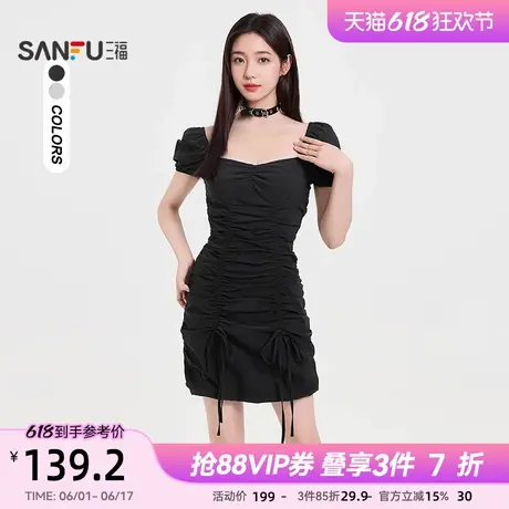 三福连衣裙2025新款夏季法式气质泡泡袖方领兜摆短裙子女装499765图片